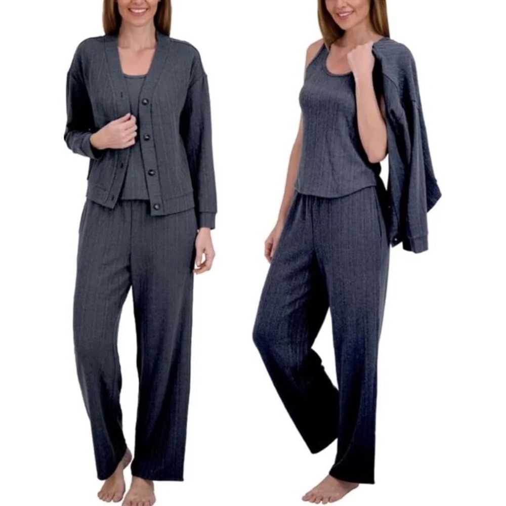NWT Live 2 Lounge Women 3-Piece Textured Lounge Set Knit Cardigan Tank Pant Sm.